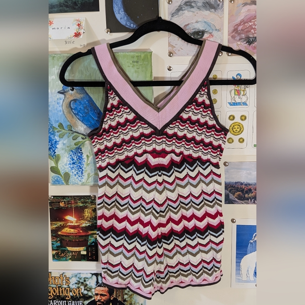 Cotton Chevron Patterned Tank Top - Pink and Brown